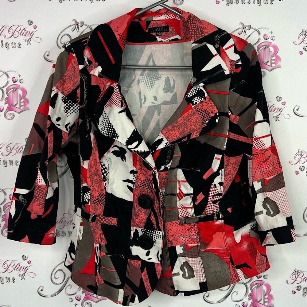 Vex blazer button up Abstract Print Jacket - Red, Black, White buttons